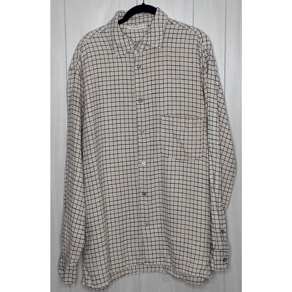 Mens Cut Loose 100% Linen Long Sleeve Shirt Size XL White/Black